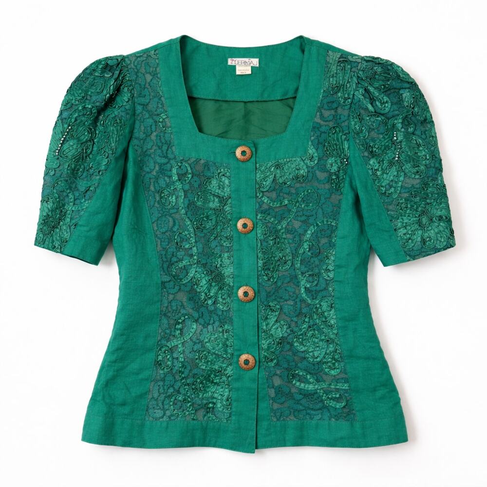 Vtg 80s Maximalist Cottagecore Linen Green Blazer Puffed Sleeves Embroidery Lace